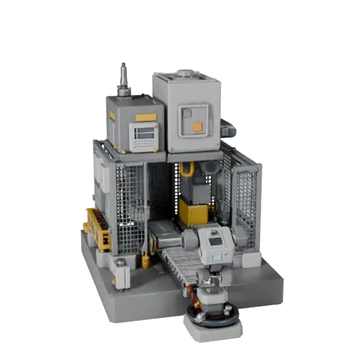 Automated Robot Cell Low Poly 3D model, game viewport three-quarter view, showing painted steel, machine stations.