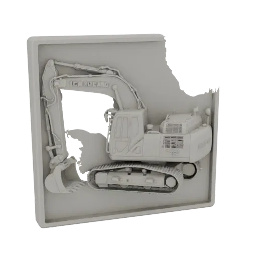 Modelo 3D de escavadora em estilo relevo, mostrando detalhes da máquina.