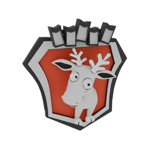 3D model of a cartoon reindeer with wide eyes, set in a red shield with a black and silver border, against a white background