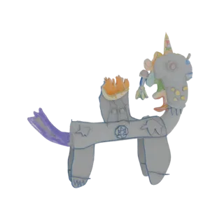 Modèle 3D d'une licorne grise fantaisiste avec une crinière, une queue et une corne arc-en-ciel vibrantes, sur fond blanc.
