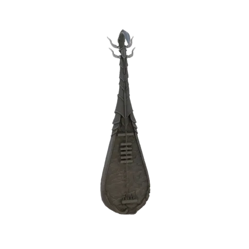 3D model of a dark, metallic lute with an ornate leaf shape and intricate vein-like patterns, set against a black background.
