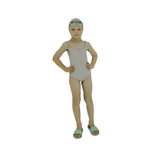 3D model of a young girl in a light gray swimsuit, pink swim cap, and goggles, standing with hands on hips.