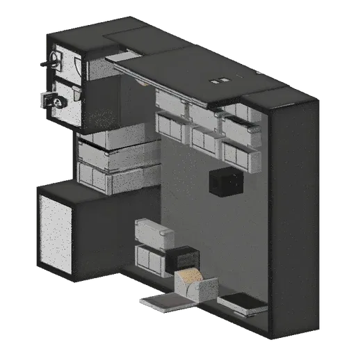 3D model of a modern modular kitchen unit with grey cabinets and white countertops, viewed from a slightly elevated angle.