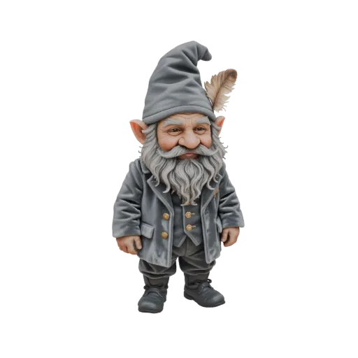 3D model of a distinguished gnome gentleman wearing a grey velvet suit and a grey pointed hat with a feather, standing agains