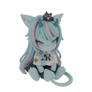 3D-Modell eines Chibi Oni Katzenmädchens mit pastellblauem und rosa Haar, kleinen Hörnern und einem schwarzen Katzenanhänger
