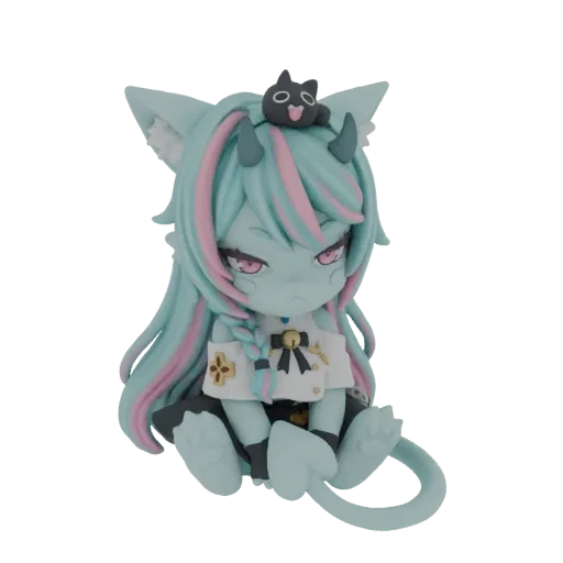 3D-Modell eines Chibi Oni Katzenmädchens mit pastellblauem und rosa Haar, kleinen Hörnern und einem schwarzen Katzenanhänger
