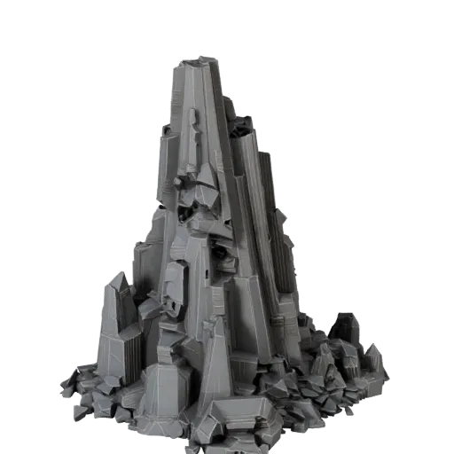 Alien Mineral Spire Low Poly 3D model, game viewport three-quarter view, showing stratified stone, rock faces.
