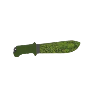 3D model of a machete with a green handle and a blade covered in realistic green moss.