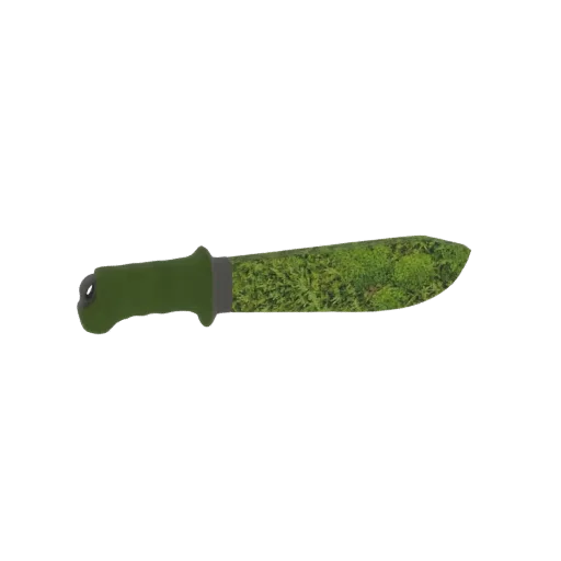 3D-Modell einer Machete mit grünem Griff und einer Klinge, bedeckt mit realistisch grünem Moos.