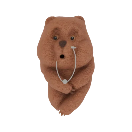 3D model of a surprised brown bear with a stethoscope around its neck, rendered against a white background.