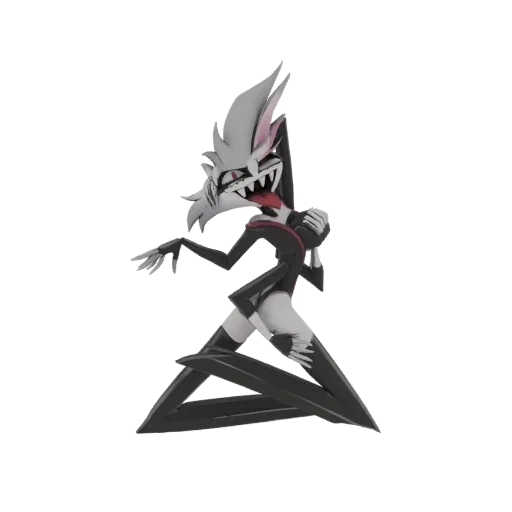 Modelo 3D de personaje Zorra Gótica estilizada con pelo blanco, dientes afilados y atuendo negro, en pose dinámica.