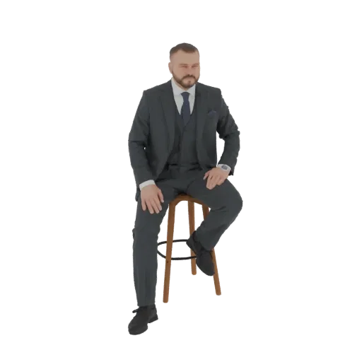 Modelo 3D de um homem de terno escuro sentado em um banco de madeira, olhando ligeiramente para o lado.