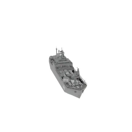 A 3D model of a modern cargo ship, viewed from a slightly elevated angle against a black background.
