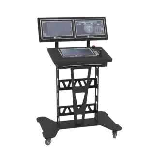 3D model of a futuristic command console with two large screens, a central touchscreen, and a joystick on a wheeled base.