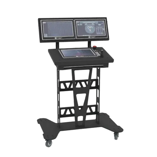 3D-Modell einer futuristischen Kommando-Konsole mit zwei großen Bildschirmen, einem zentralen Touchscreen und einem Joystick