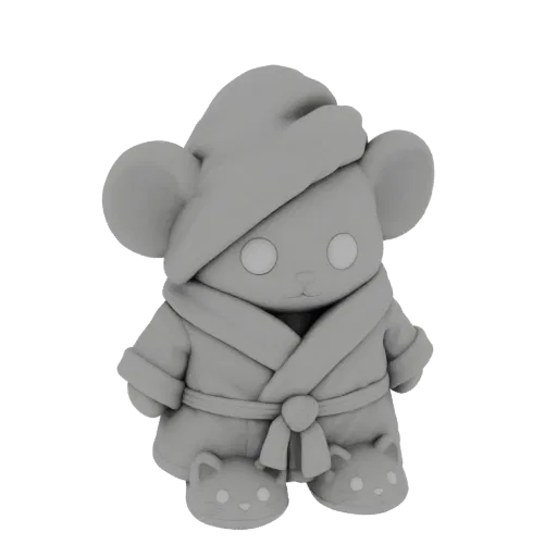 A 3D render of a cute, gray mouse character wearing a robe, a nightcap, and cat-shaped slippers, looking cozy.