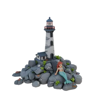 Modelo 3D da Ariel a sereia sentada em rochas ao lado de um farol, com pequenas plantas espalhadas pelo terreno.