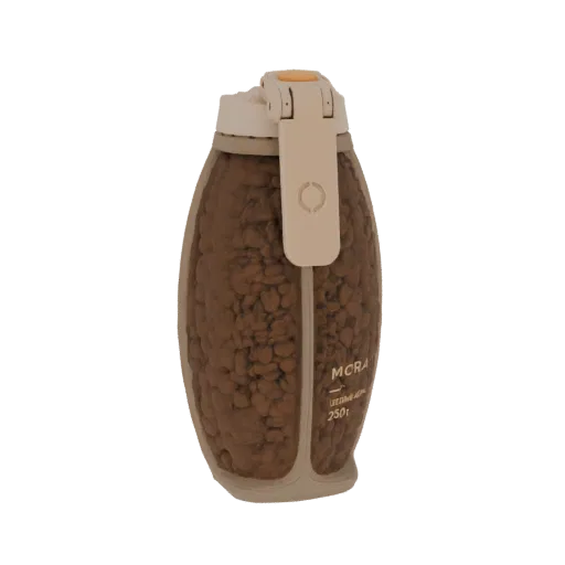 3D model of a coffee bean-shaped container with a light-colored lid and integrated grinder, filled with coffee beans.