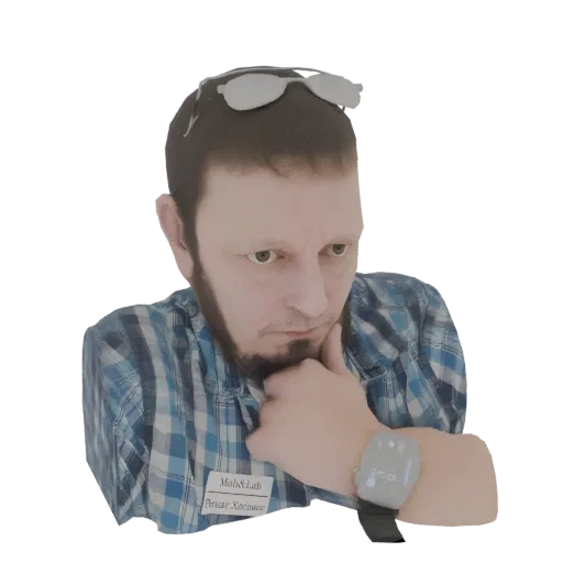 3D model render of a man with a beard, wearing a blue plaid shirt and a smartwatch, with his chin resting on his hand.