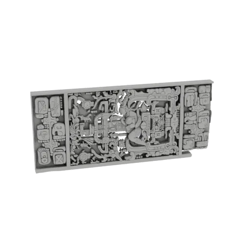 3D model of a rectangular Mayan bas-relief panel with intricate glyphs and a central human-like figure.