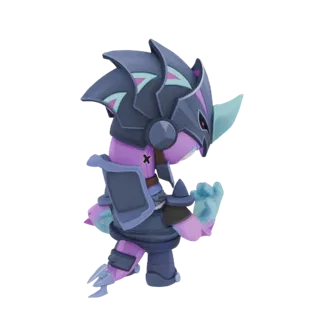 Modelo 3D de un guerrero chibi con armadura oscura, piel morada y expresión feroz, en pose dinámica.