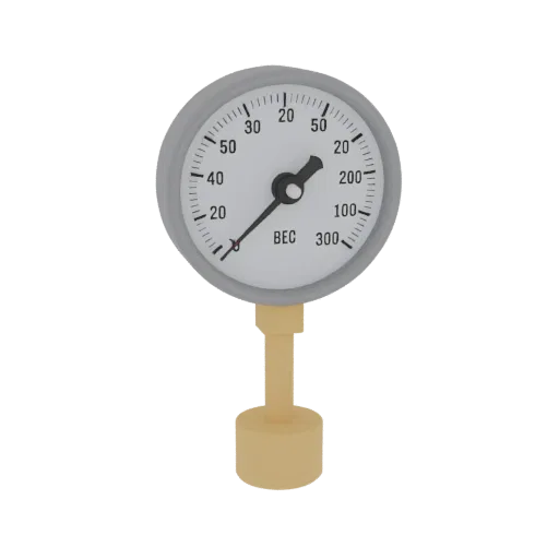 3D model of a pressure gauge with a white dial, red needle, and limit indicator on a gray body.