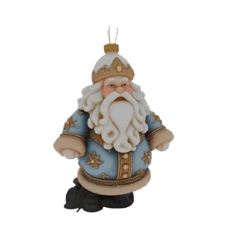 3D model of a festive Santa Claus ornament wearing a blue robe with golden stars and a fur-trimmed hat, against a white backg