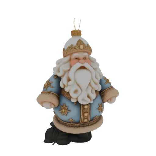 3D model of a festive Santa Claus ornament wearing a blue robe with golden stars and a fur-trimmed hat, against a white backg