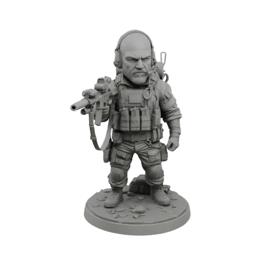 3D model of a chibi soldier with a large head, holding an assault rifle, wearing tactical gear, and standing on a rocky base.