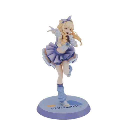 3D model of a blonde anime idol girl in a purple skirt and blue leg warmers, striking a dynamic pose on a circular base.