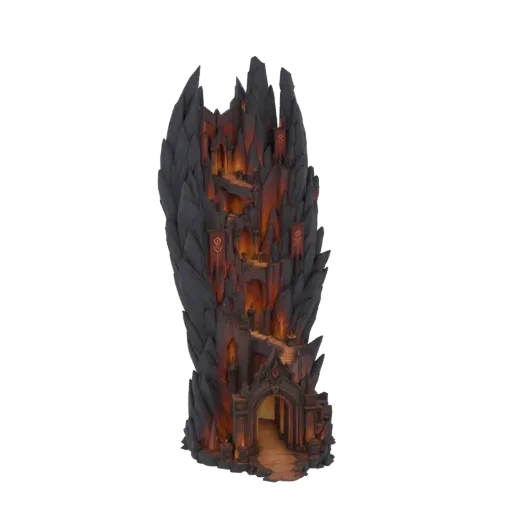 3D model of a dark, jagged spire fortress with glowing orange lava visible through its openings and windows, set against a wh
