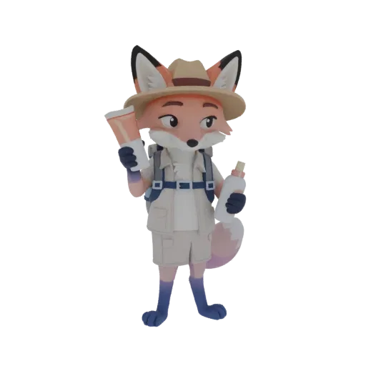 3D model of a fox explorer in safari gear holding two sunscreen bottles, against a black background.