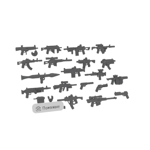 A collection of 3D models of various military firearms, including assault rifles, sniper rifles, and grenade launchers, displ