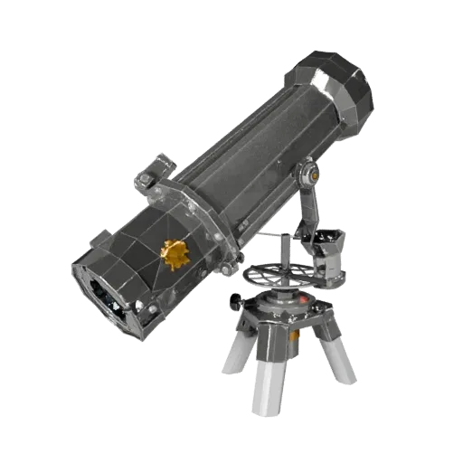 Portable Star Tracker Low Poly 3D model, game viewport three-quarter view, showing metal tubes, optical alignment.