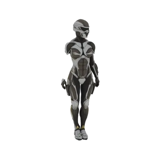 Modello 3D di una soldatessa futuristica in armatura bianca e grigio scuro, in piedi pronta con armi integrate.