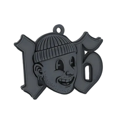 3D model render of a dark, stylized 'Goon Face' pendant with a beanie and piercings, against a black background.