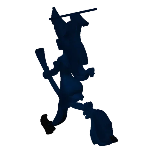A dark, stylized 3D model of a witch with a pointed hat and flowing dress, dynamically flying on a broomstick against a white