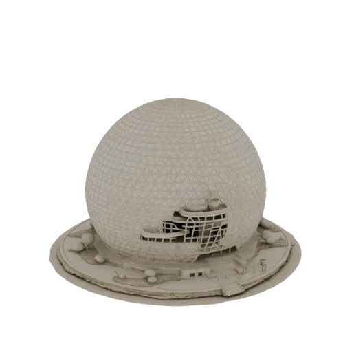 3D model of a ruined geodesic dome with a damaged facade, set on a landscaped base with rocks and trees.