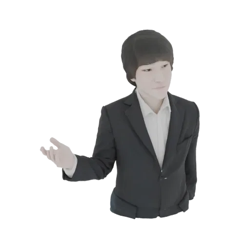 3D model of a young man in a black suit, with his right hand extended forward in a presenting gesture, looking slightly to th