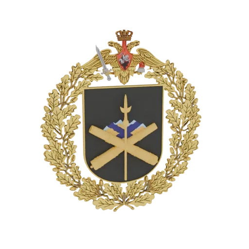 3D model of a Russian military emblem with a golden oak wreath, crossed cannons, sword, and eagle crest.