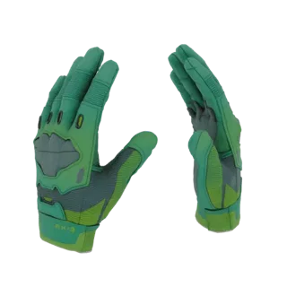 3D model of futuristic green tactical gloves with grey accents and 'RH-2' marking, displayed against a white background.