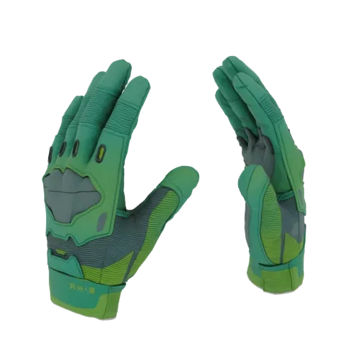 3D model of futuristic green tactical gloves with grey accents and 'RH-2' marking, displayed against a white background.