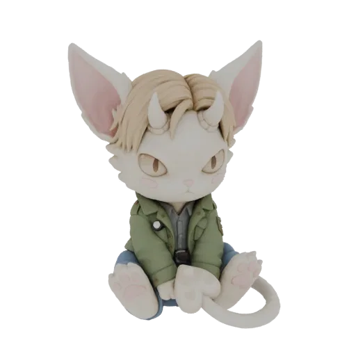 Modelo 3D de un lindo zorro fennec chibi con cabello rubio, cuernos pequeños, orejas grandes, vistiendo una chaqueta verde y
