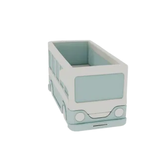 A 3D render of a stylized, light blue bus with white trim, presented against a black background.