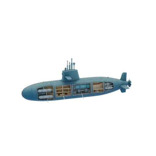 3D render of a cutaway submarine model showing internal compartments with torpedoes, bunks, and machinery.