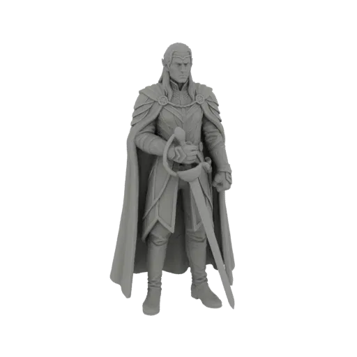3D model render of a male elf warrior in ornate armor and cape, holding a sword, against a black background.