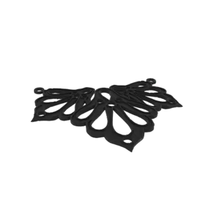 3D model of a black filigree necklace pendant with intricate, lace-like patterns and multiple loops, presented on a white bac