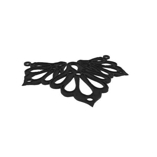 Modèle 3D de pendentif filigrane noir avec des motifs complexes façon dentelle et plusieurs boucles, présenté sur fond blanc.