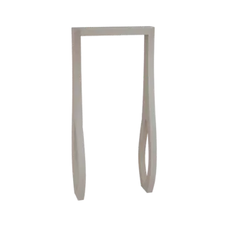 Modelo 3D de um arco abstrato moderno com suportes curvos, apresentado sobre um fundo branco.