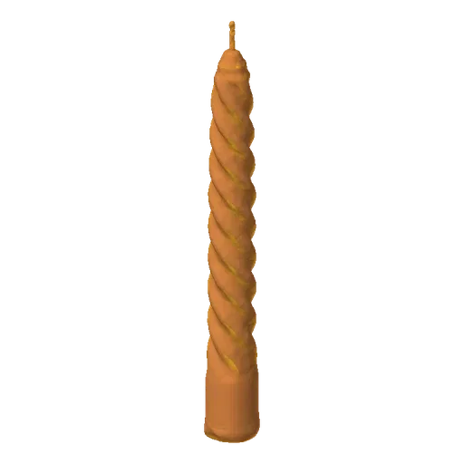 A 3D render of a single, tall, twisted taper candle with a warm, light brown color, set against a black background.